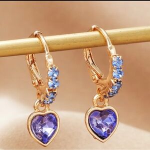Gold-Tone Blue Glass Heart Drop Earrings